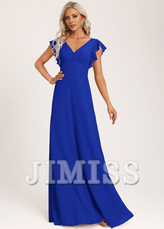 Vestido de dama de honor de gasa con volantes, escote en V y largo hasta el suelo