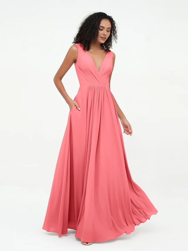 Olive Green Chiffon A-Line V-Neck Floor-Length Bridesmaid Dress with Pockets