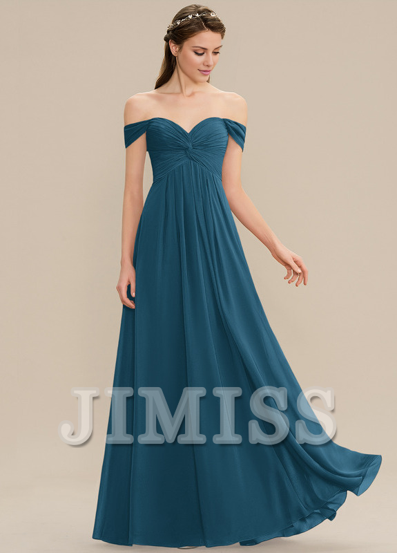 Vestido de dama de honor de gasa con volantes, corte A, hombros descubiertos y largo hasta el suelo