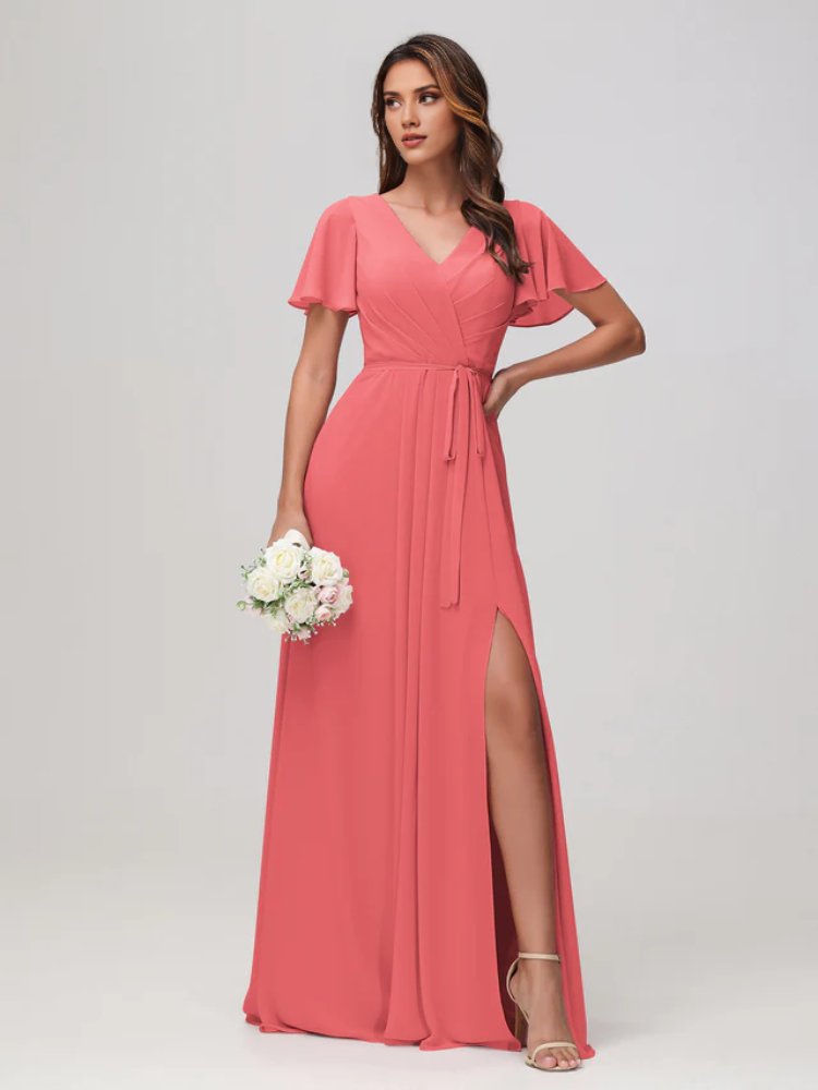 Olive Green Chiffon A-Line Floor-Length Dress with V-Neck, Pleated Bodice & Flutter Sleeves - Jimiss