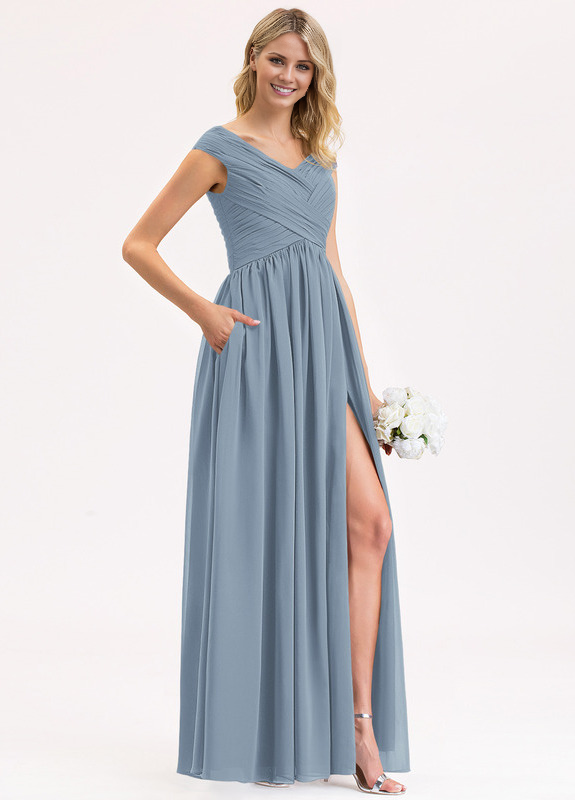 Vestido de dama de honor de gasa con volantes, corte A y largo hasta el suelo