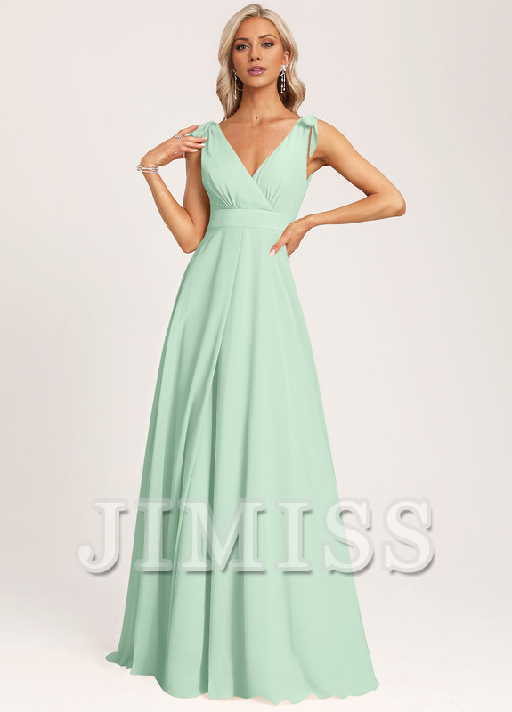 Abito da damigella d'onore lungo in chiffon con scollo a V, a trapezio e fiocco