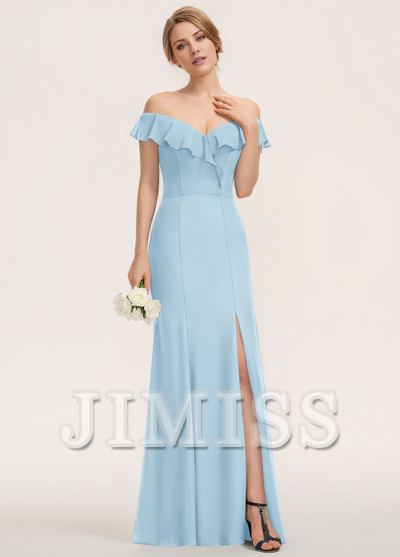 Vestido de dama de honor de gasa hasta el suelo, ajustado, con volantes escalonados y sin tirantes con columnas