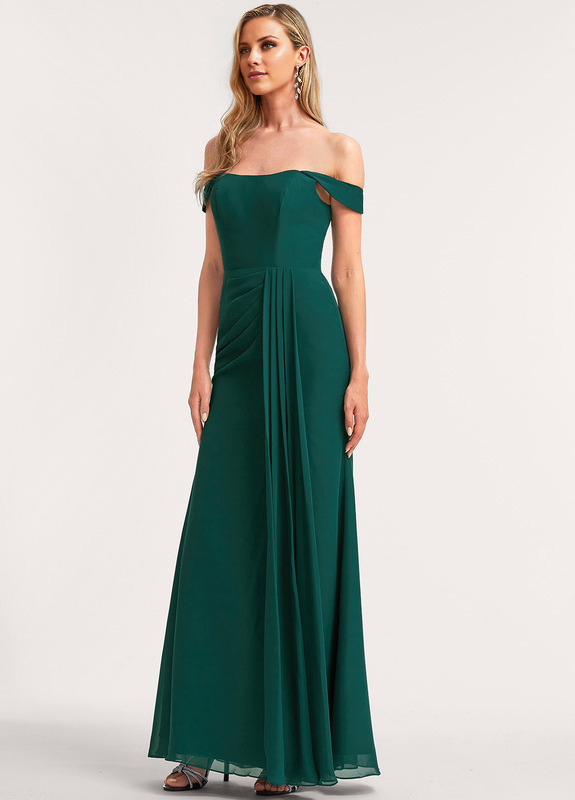 Abito da damigella d'onore in chiffon lungo fino a terra, con spalle scoperte e linea ad A