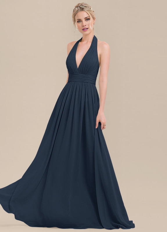 Vestido de dama de honor de gasa con volantes, corte A, cuello halter y largo hasta el suelo