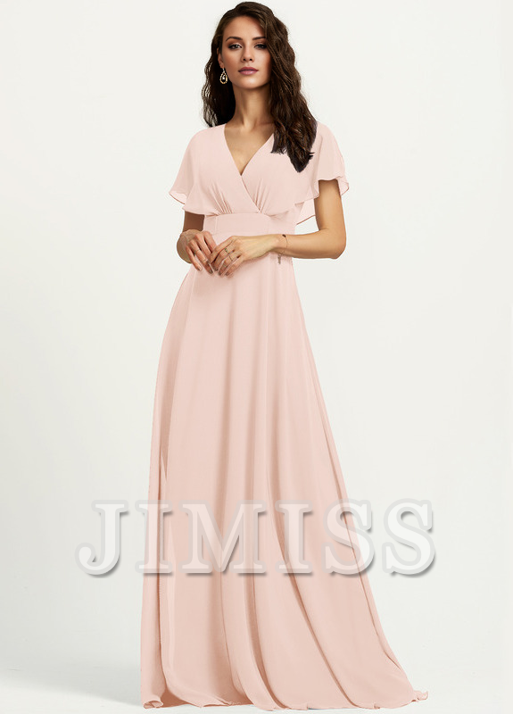 Abito da damigella d'onore in chiffon lungo fino al pavimento, con scollo a V e linea ad A