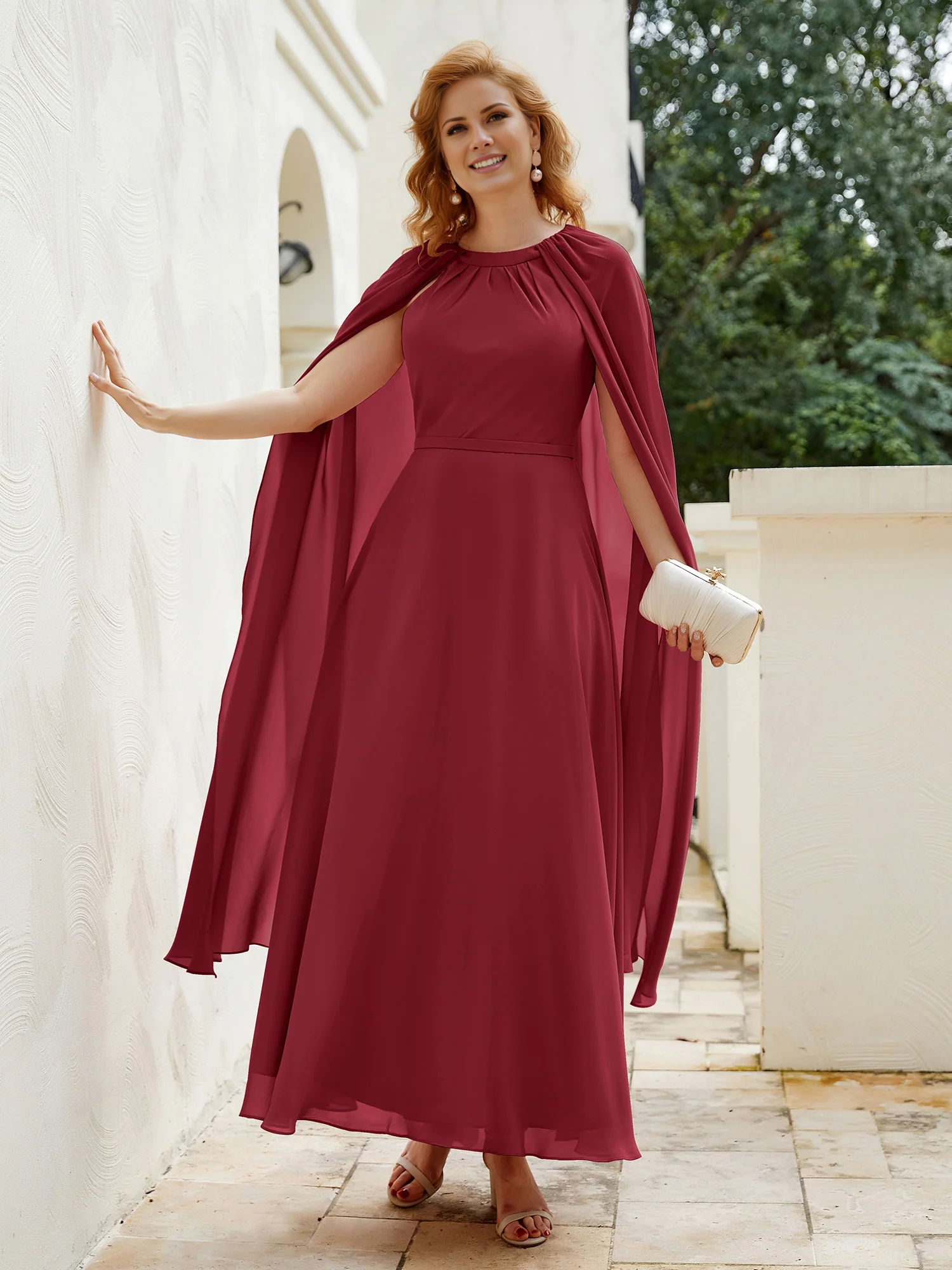 Olive Green Chiffon A-Line Bridesmaid Dress with High Neck & Integrated Cape