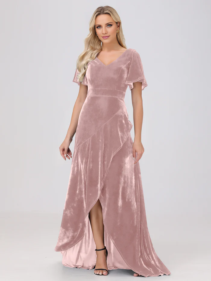 Vestido de dama de honor largo hasta el suelo, de terciopelo, con volantes y manga corta y escote en V