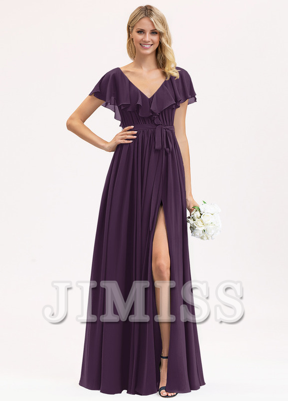 Abito da damigella d'onore in chiffon con scollo a V, lunghezza al pavimento, balze a balze e fiocco
