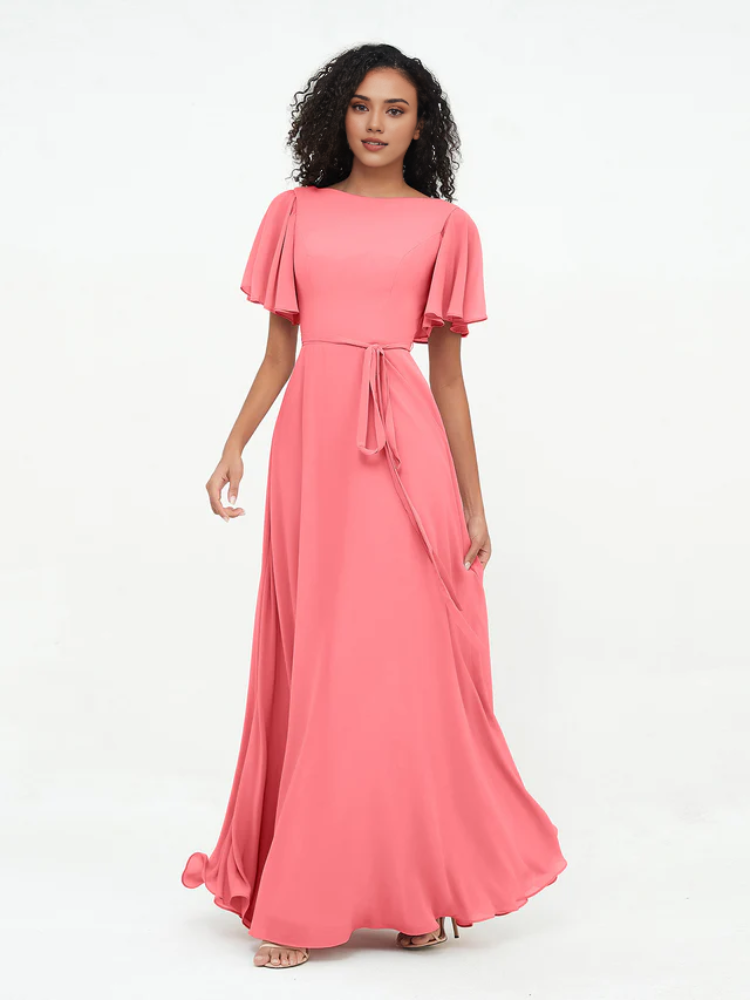 Chiffon Short-Sleeve Boat Neck Tie-Waist A-Line Floor-Length Bridesmaid Dresses