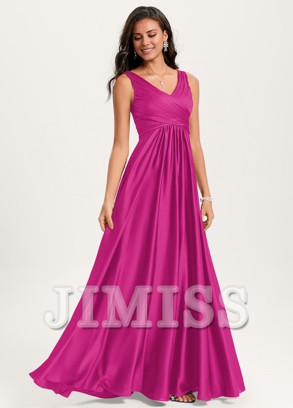 Vestido de dama de honor de satén con volantes, escote en V y largo hasta el suelo