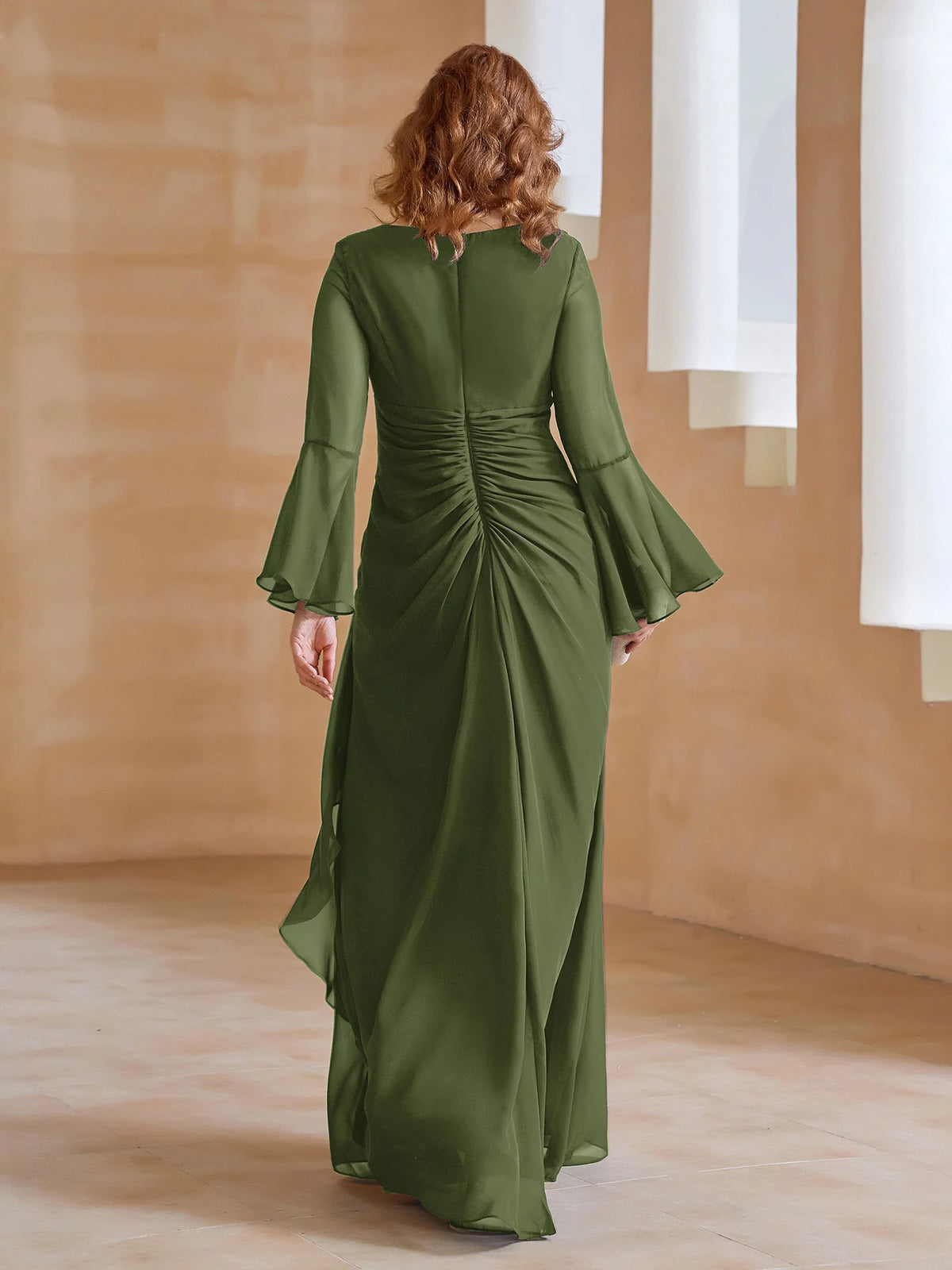 Olive Green Chiffon A-Line V-Neck Bridesmaid Dress with Ruched Bodice & Bell Sleeves