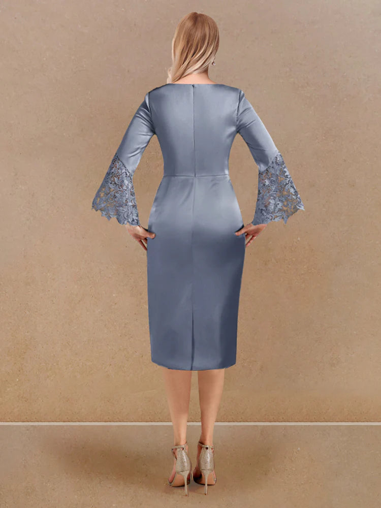 Slate Blue Satin Sheath/column Midi Dress with Draped neckline + Lace bell sleeves