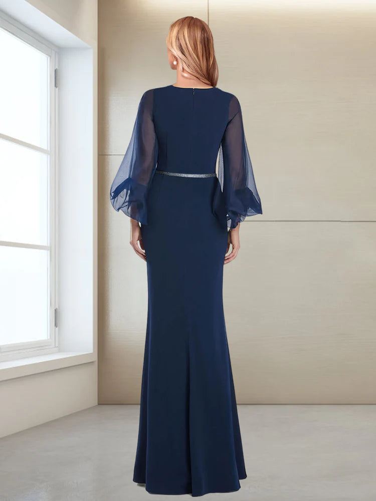 Dark Navy Crepe Mermaid Floor-Length Dress with Sheer Voluminous Sleeves