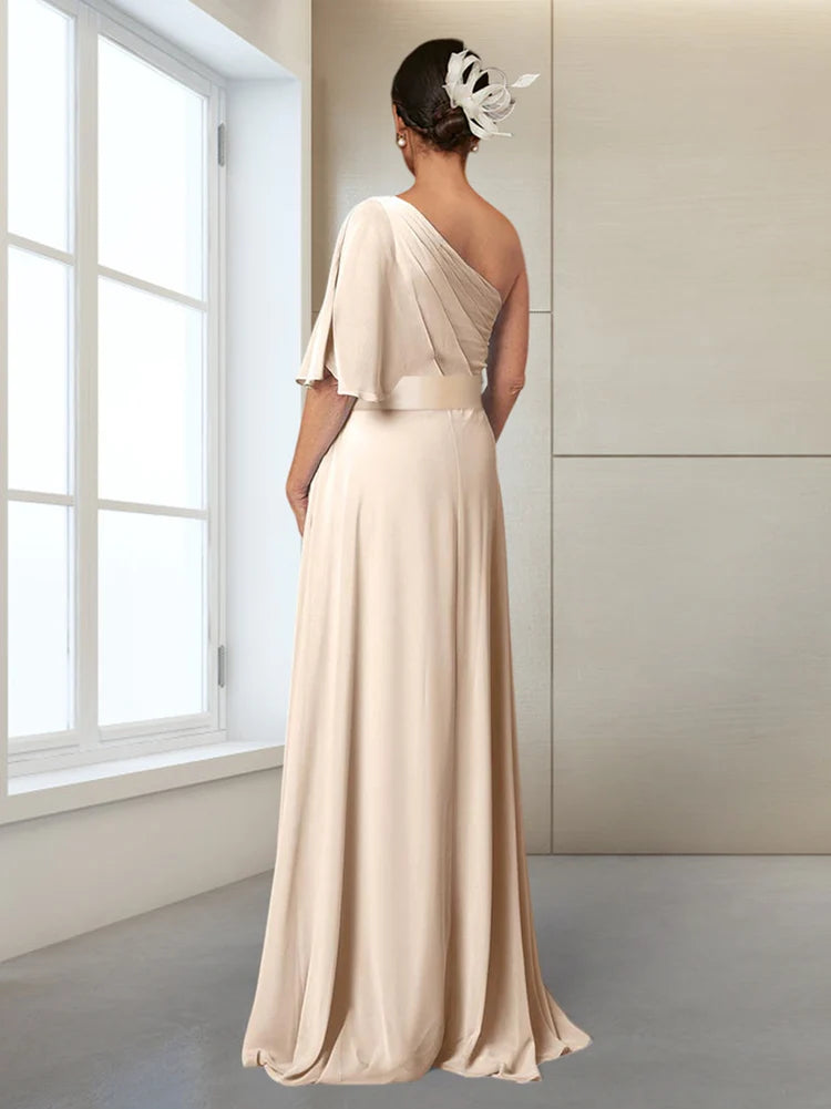 Champagne Chiffon One Shoulder A-Line Floor-Length Dress with Draped Bodice