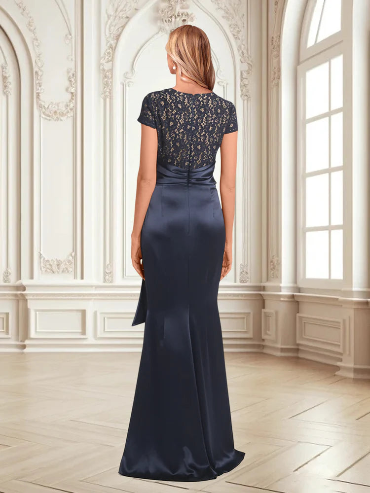 Dark Navy V-Neck Lace & Satin Sheath/column Floor-Length Evening Dress