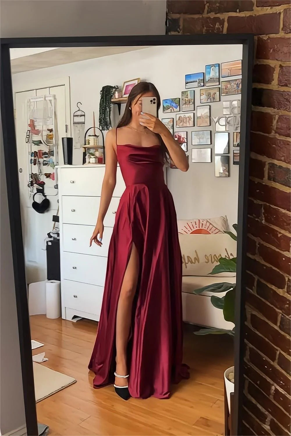 Burgundy Satin Cowl Neck A-Line Floor-Length Dress