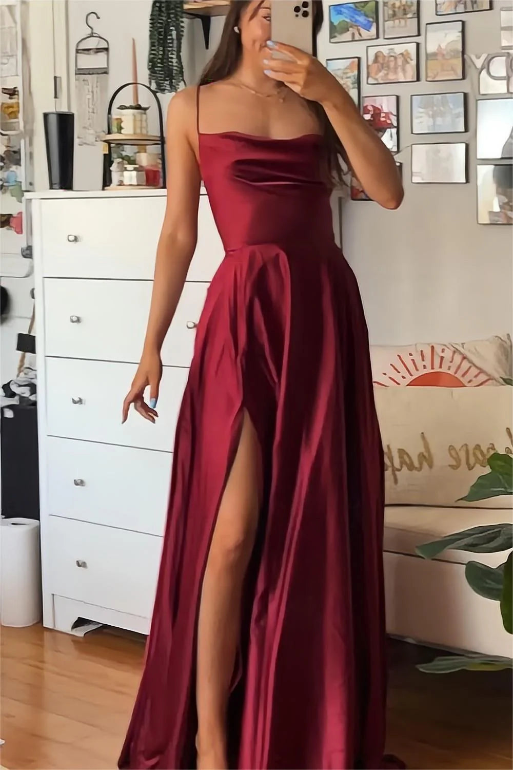 Burgundy Satin Cowl Neck A-Line Floor-Length Dress