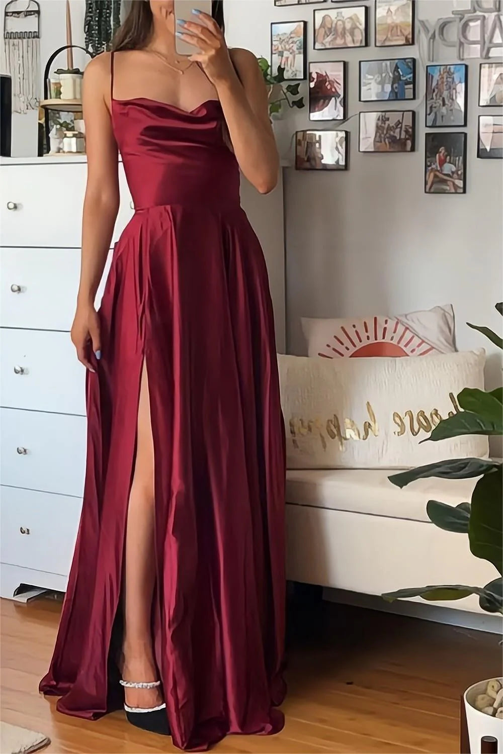 Burgundy Satin Cowl Neck A-Line Floor-Length Dress