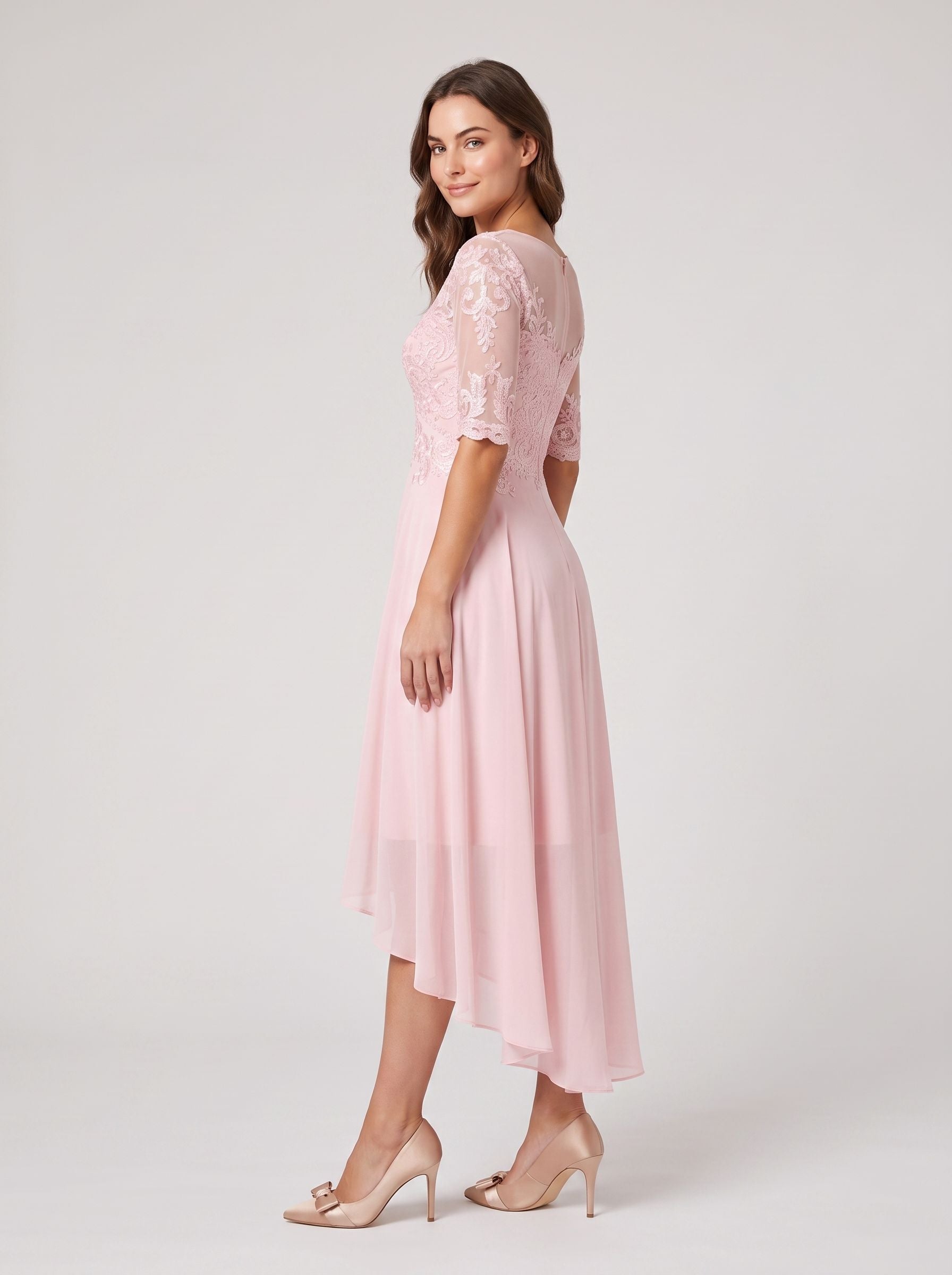 A-Line Evening Gown Empire Dress Wedding Guest Formal Evening Asymmetrical Long Sleeve Jewel Neck Chiffon with Beading Lace Insert