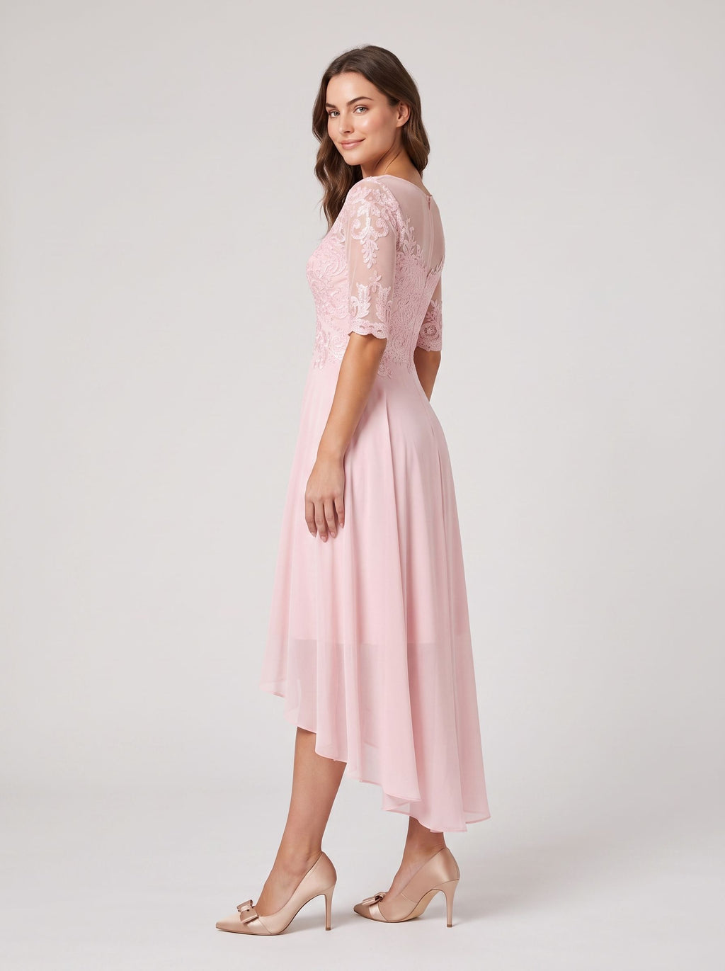 Blushing Pink Illusion Lace A-Line High-Low Bridesmaid Dress