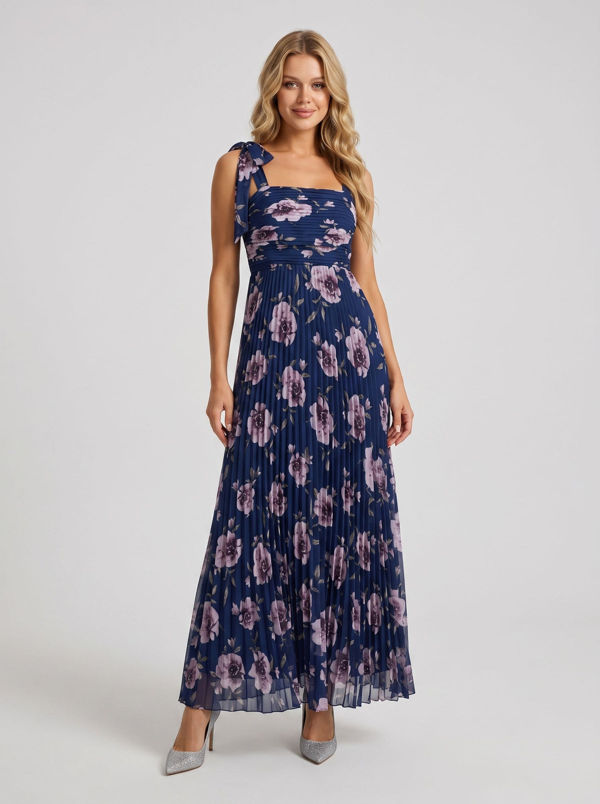 Dark Navy Chiffon A-Line Floor-Length Bridesmaid Dress with Square Neck and Tie-Shoulder Straps