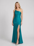 Teal One Shoulder Sheath/column Floor-Length Dress with Ruched Bodice + High Slit