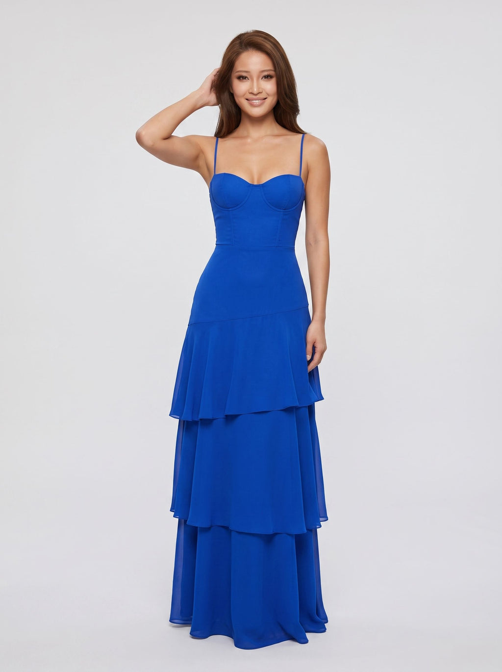 Royal Blue A-Line Floor-Length Evening Dress with Sweetheart Neckline & Tiered Skirt