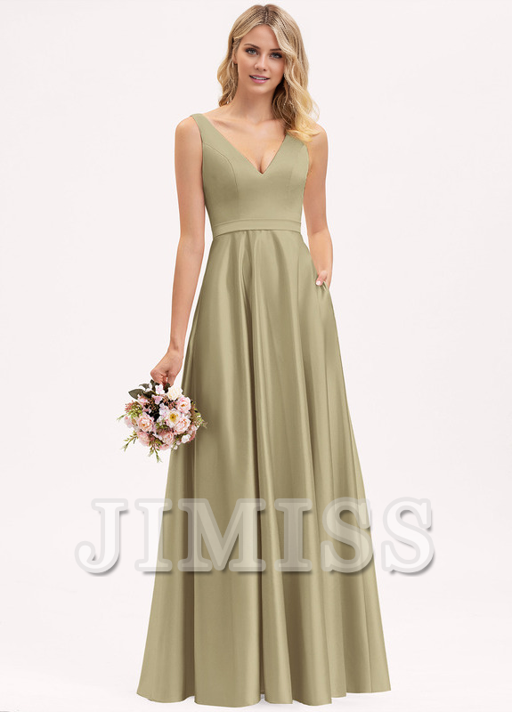 Abito da damigella d'onore in raso lungo fino al pavimento, con scollo a V e linea ad A