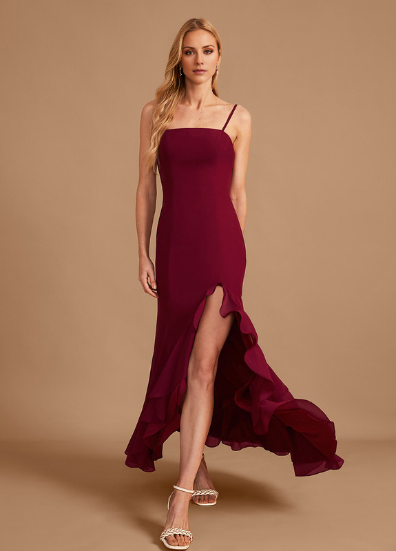 Vestido de dama de honor de gasa con volantes, corte trompeta, cola de pez, cuadrado, largo hasta el suelo