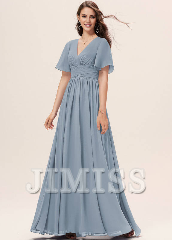 Vestido de dama de honor de gasa con volantes, escote en V y largo hasta el suelo