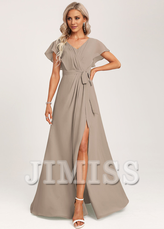 Vestido de dama de honor de gasa con volantes, escote en V y largo hasta el suelo