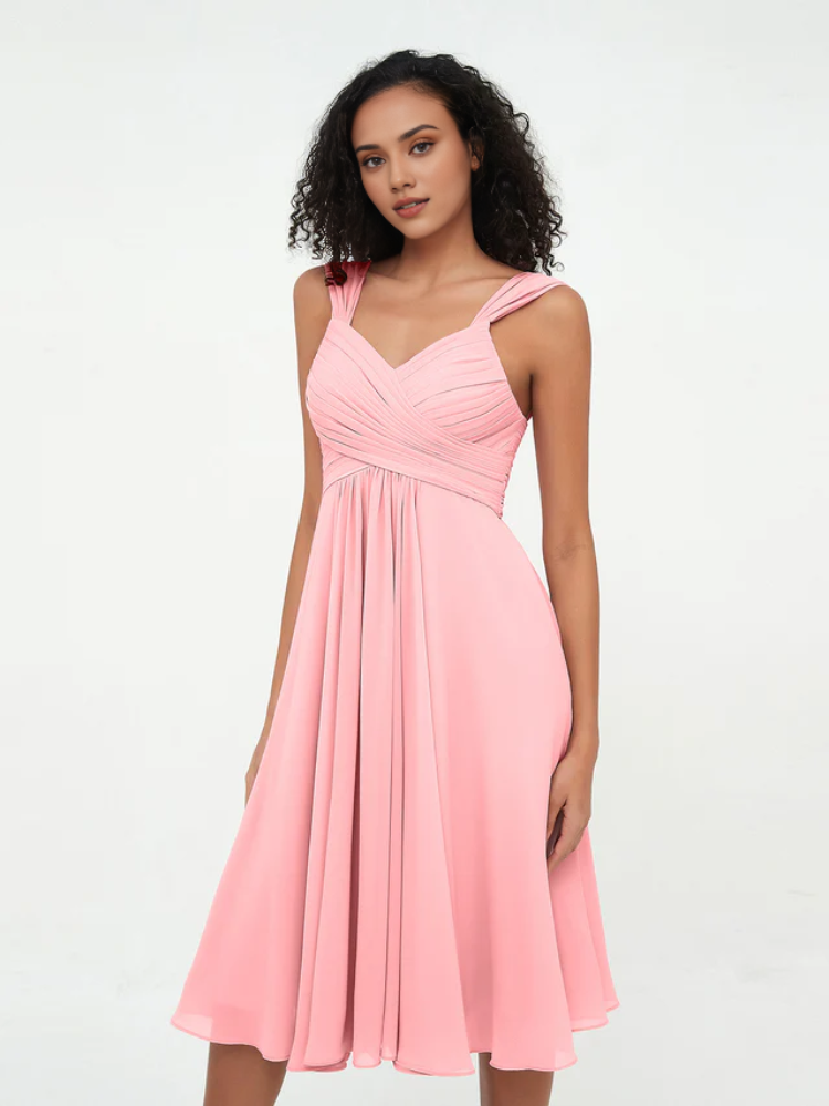 Sage Green Pleated Chiffon A-Line Knee-Length Dress