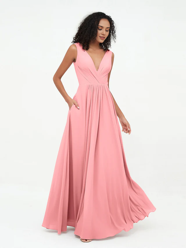 Olive Green Chiffon A-Line V-Neck Floor-Length Bridesmaid Dress with Pockets