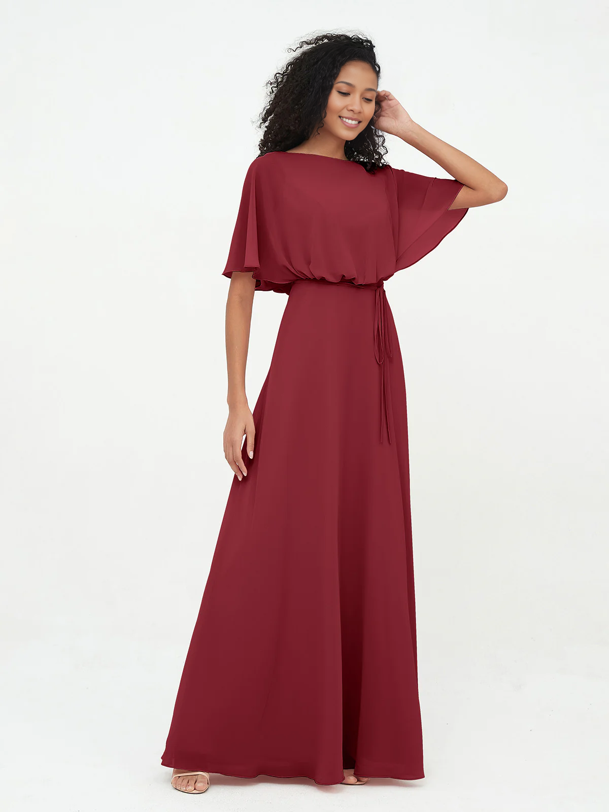 Butter Chiffon A-Line Floor-Length Bridesmaid Dress with Boat Neck & Self-Tie Waist