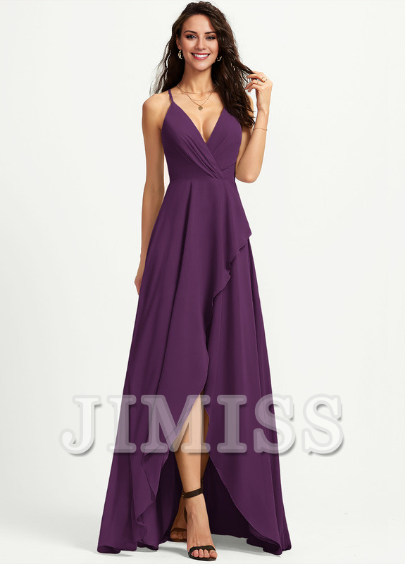 A-line V-neck asymmetric chiffon bridesmaid dress