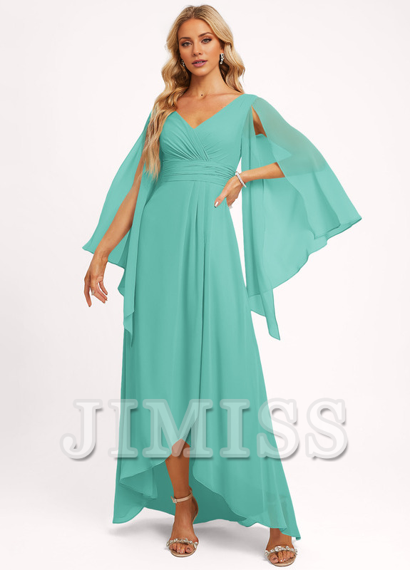 Dusty Sage Chiffon A-Line High-Low Dress with Draped V-Neck and Cape Sleeves