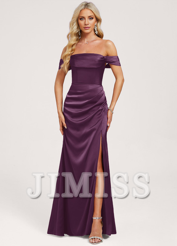 Vestido de dama de honor de satén mate, largo hasta el suelo, con hombros descubiertos y volantes en línea A