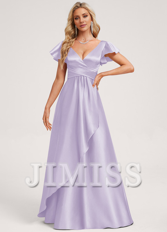Vestido de dama de honor de satén con volantes, escote en V y largo hasta el suelo
