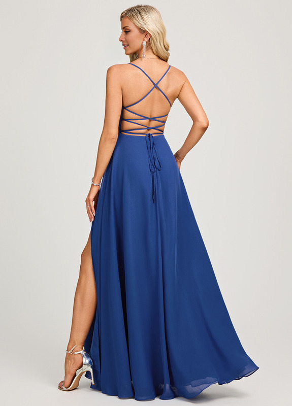 A-line V-neck pleated floor-length chiffon prom dress