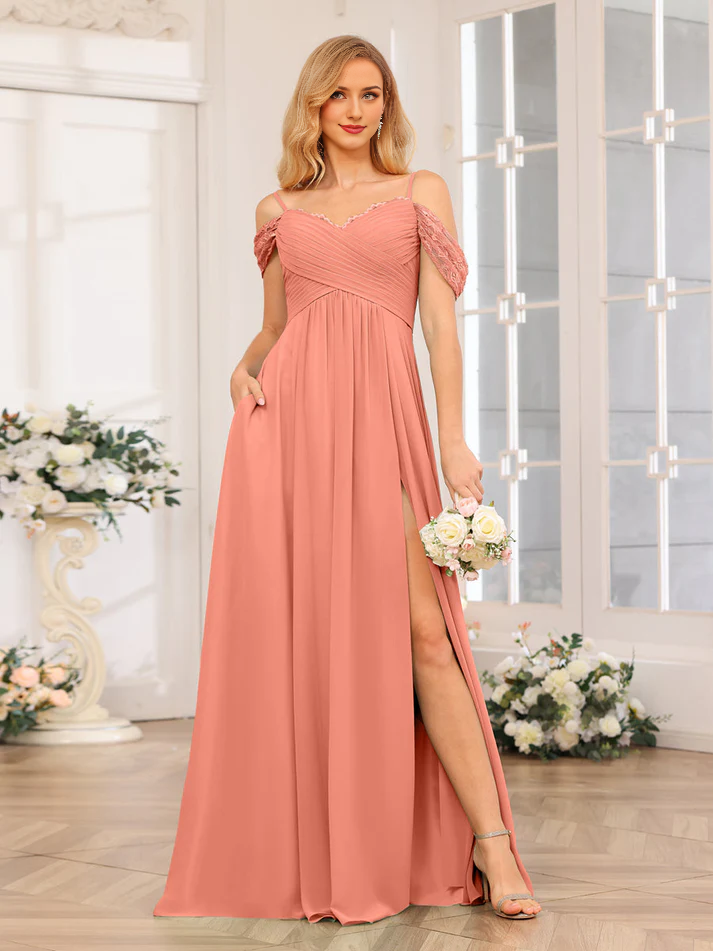 Chiffon Off-Shoulder Sweetheart Neckline Pocketed Bodice High-Slit A-Line Floor-Length Sage Green Bridesmaid Dresses