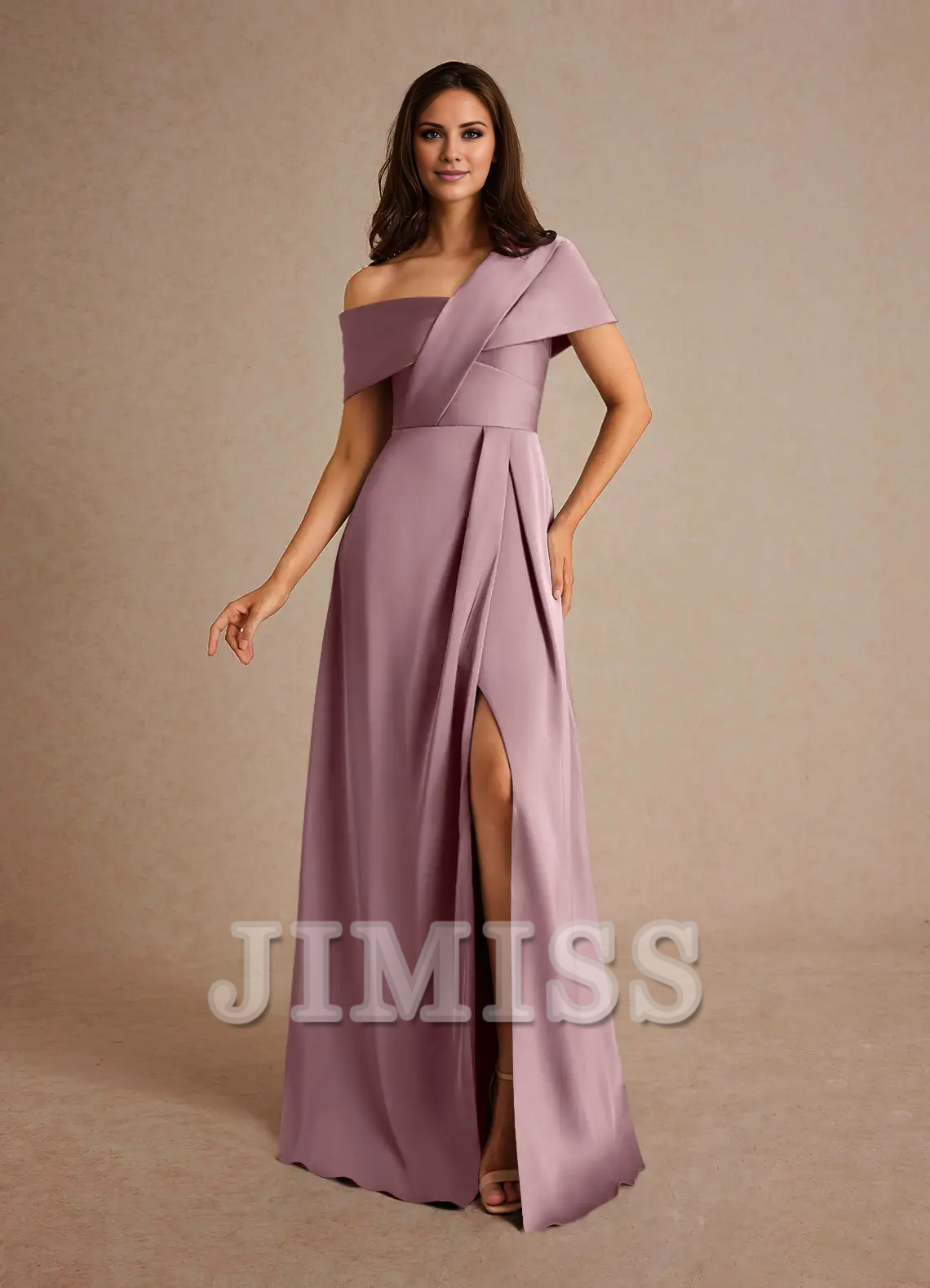 Fashion A-line Asymmetrical Neck Pleated Satin Floor-Length Mother Of The Bride Dress