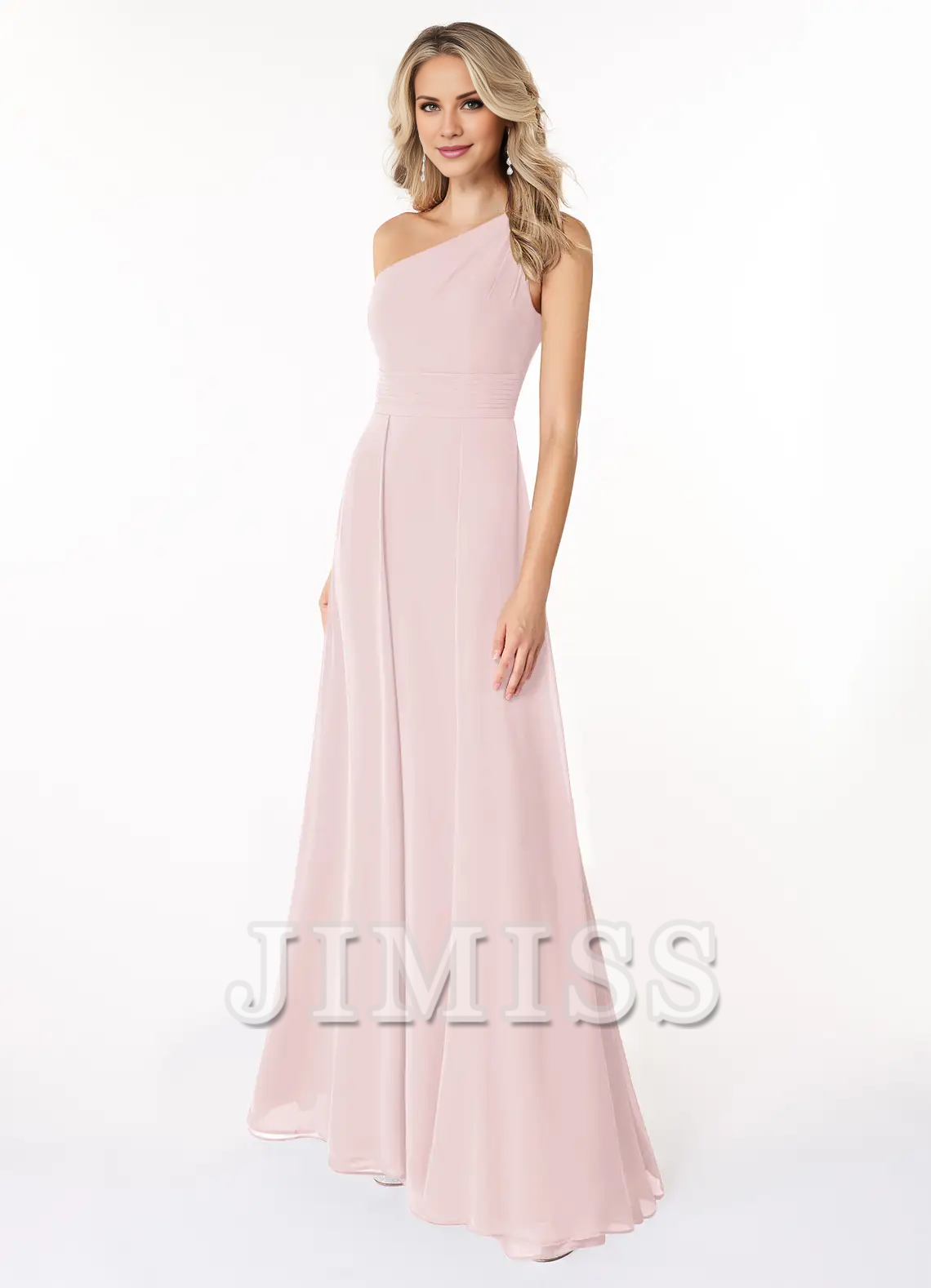 Vestido de gasa con hombros en forma de A y vestido de dama de honor largo hasta el suelo - Vestido Jimiss 