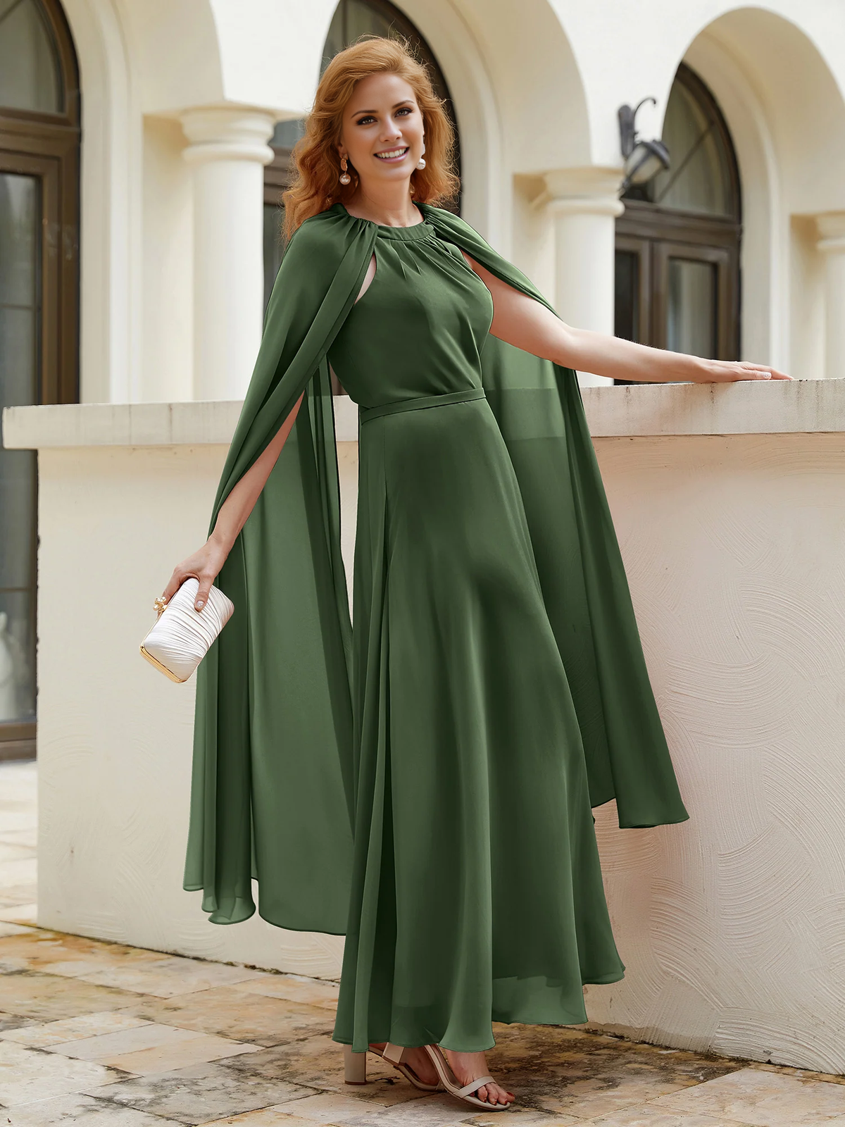 Olive Green Chiffon A-Line Bridesmaid Dress with High Neck & Integrated Cape