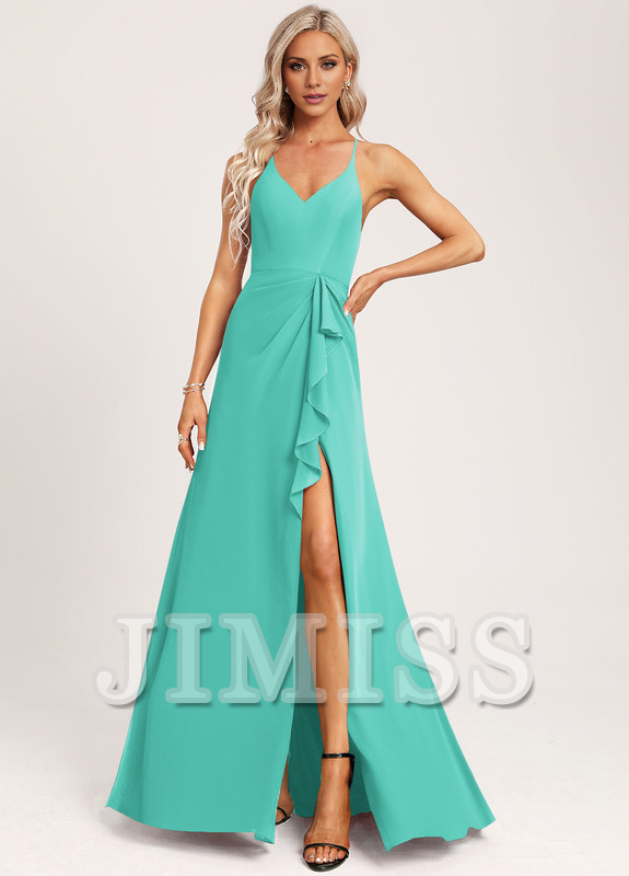 A-line V-neck and ground chiffon bridesmaid dress