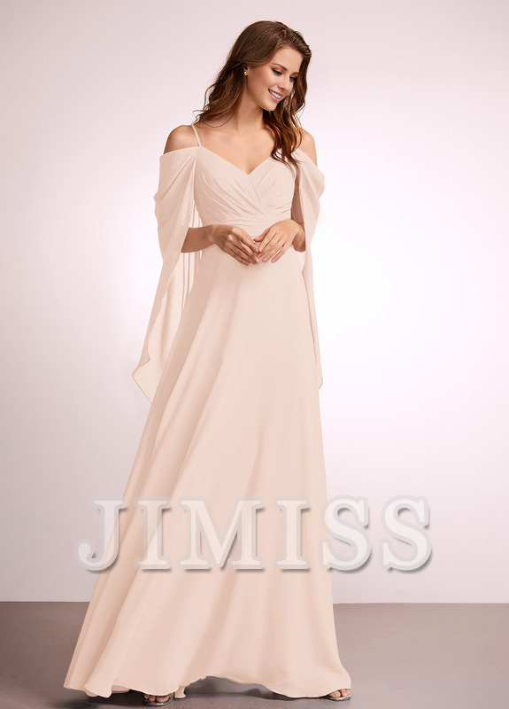 Abito da damigella d'onore in chiffon lungo fino a terra, con spalle scoperte e linea ad A
