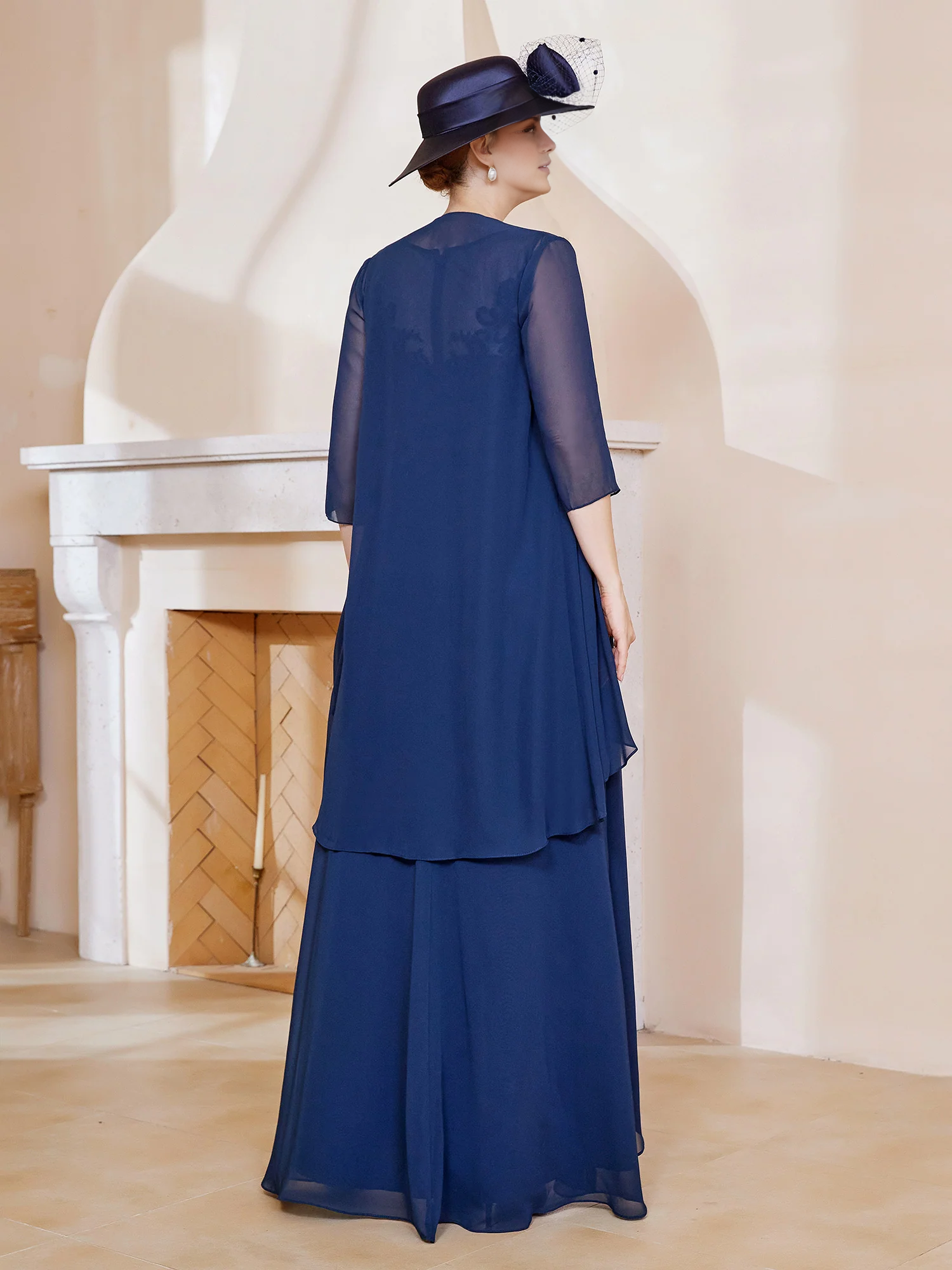 Illusion Neck Dark Navy Chiffon A-Line High-Low Dress with Draped Skirt