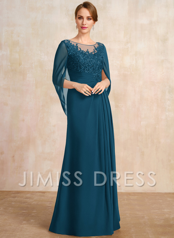 Dark Navy Chiffon A-Line Floor-Length Dress with Illusion Neck & Cape Sleeves