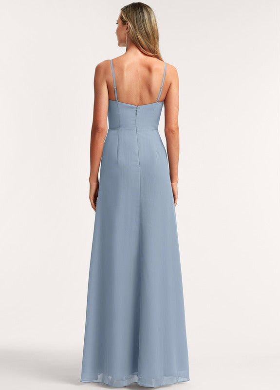 Dusty Blue Chiffon A-Line Floor-Length Bridesmaid Dress with Sweetheart Neckline and High Slit
