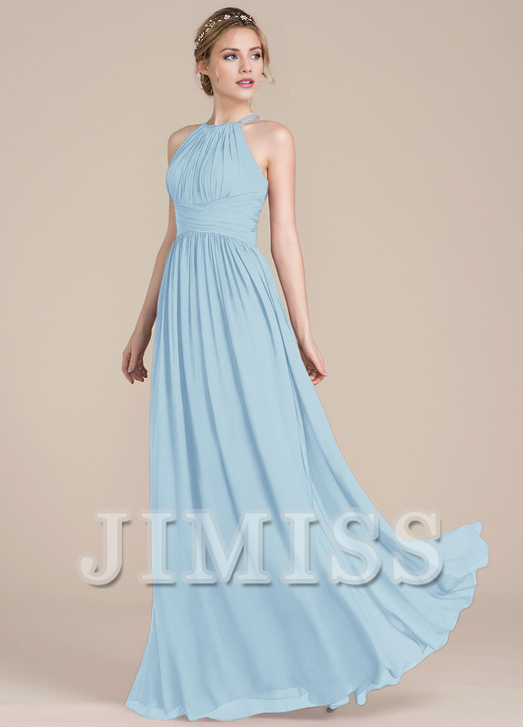 Vestido de dama de honor de gasa con escote redondo y corte A con diseño de hojas de loto